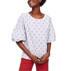 Loft Striped Embroidered Puff Sleeve Top Red White Blue Medium